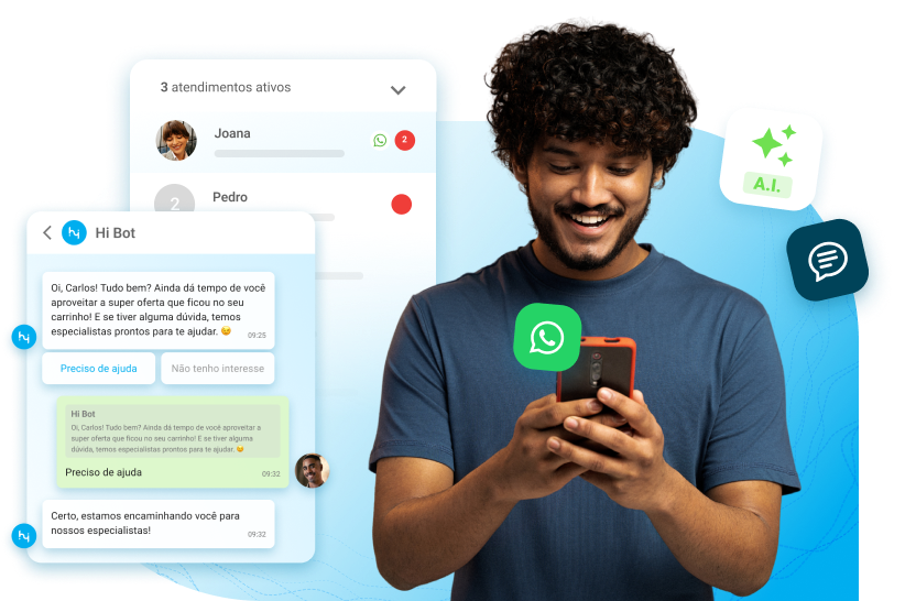 pessoa segurando celular com conversa de WhatsApp ao lado